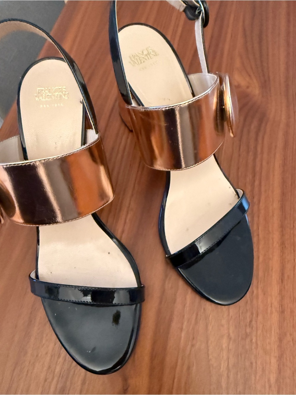 Frances Valentine Rose Gold & Black Patent Leather Slingbacks. Made in Italy